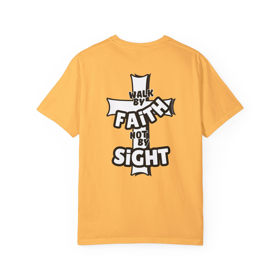 Walk By Faith Not By Sight Tee: A yellow shirt with a white cross design, made of 100% ring-spun cotton. Relaxed fit, double-needle stitching, and no side-seams for durability and comfort.