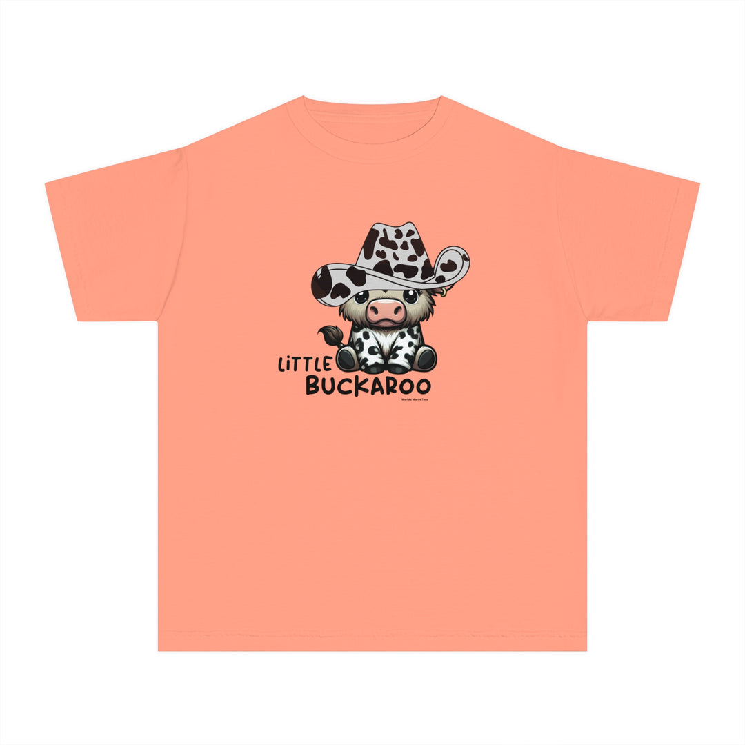 Buckaroo Kids Tee: Pink shirt featuring a cow in a cowboy hat. 100% combed ringspun cotton, light fabric, classic fit for active kids. Ideal for study or playtime.