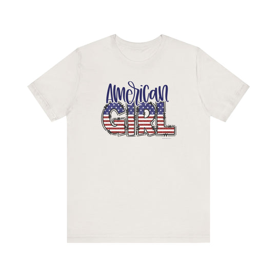 A classic American Girl Tee in white featuring a flag design. Unisex jersey tee with ribbed knit collars, taping on shoulders, and tear-away label. Made of 100% Airlume combed cotton for a soft feel.