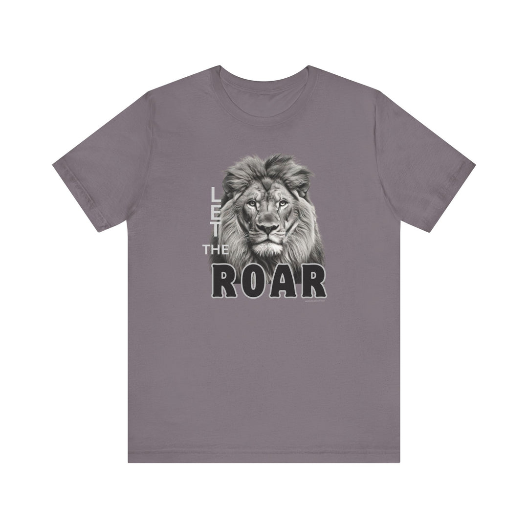 A unisex jersey tee featuring a lion design, titled Let the Lion Roar Tee. Made of 100% Airlume combed cotton, with ribbed knit collars and taping on shoulders for durability. Retail fit, tear away label, runs true to size.