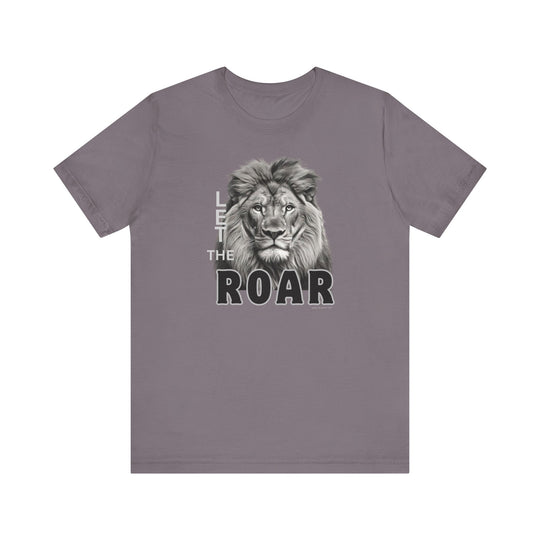 A unisex jersey tee featuring a lion design, titled Let the Lion Roar Tee. Made of 100% Airlume combed cotton, with ribbed knit collars and taping on shoulders for durability. Retail fit, tear away label, runs true to size.