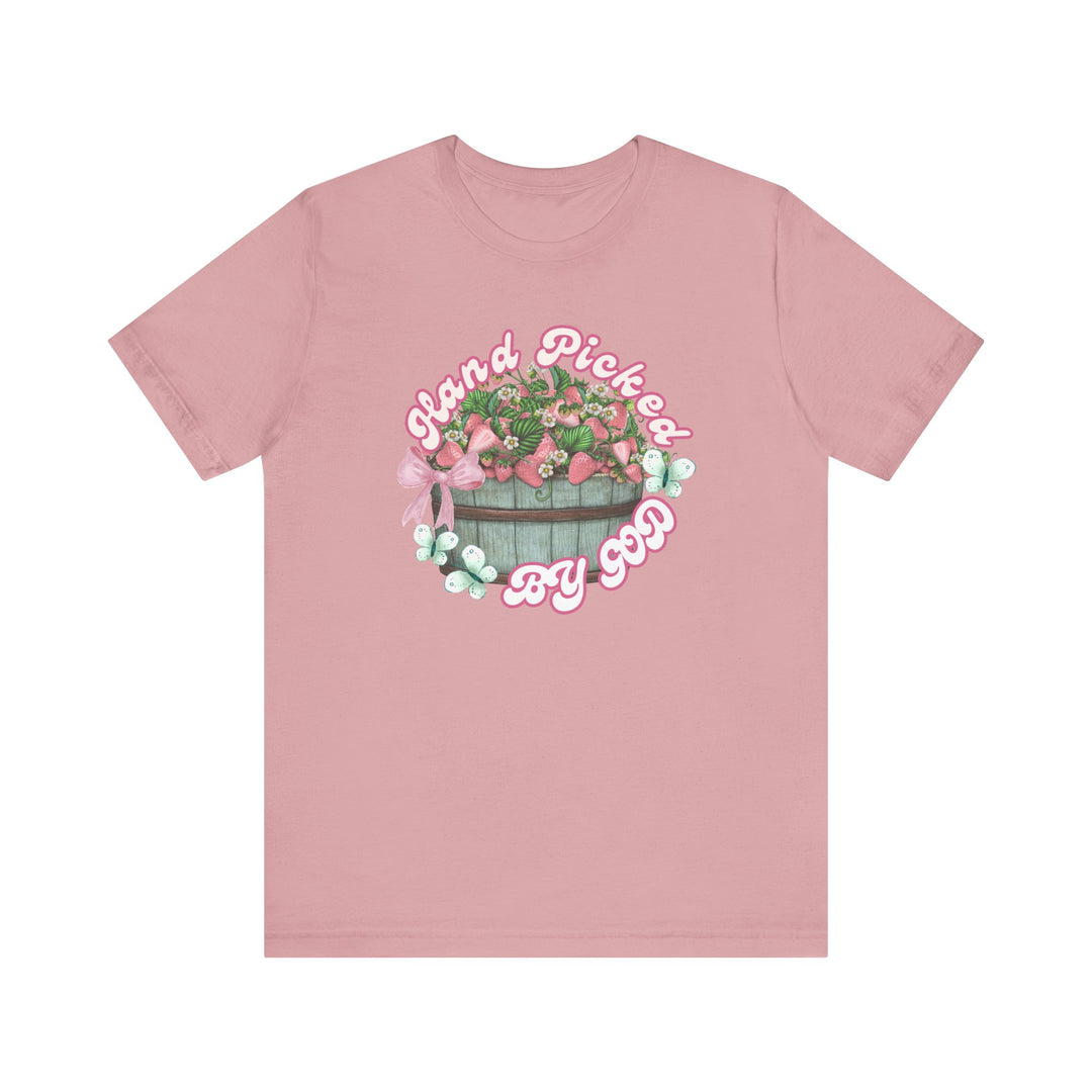 Hand Picked by GOD Tee, classic unisex jersey with ribbed knit collar, tapered shoulders, dual side seams, ideal for casual wear, made of soft Airlume cotton.