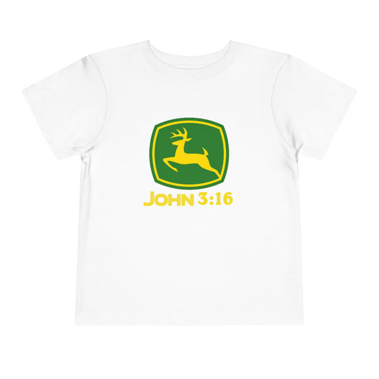 John 3:16 Toddler Tee featuring a green-and-yellow deer logo, reminiscent of John Deere, on a plain white background. Made of 100% Airlume cotton for comfort.