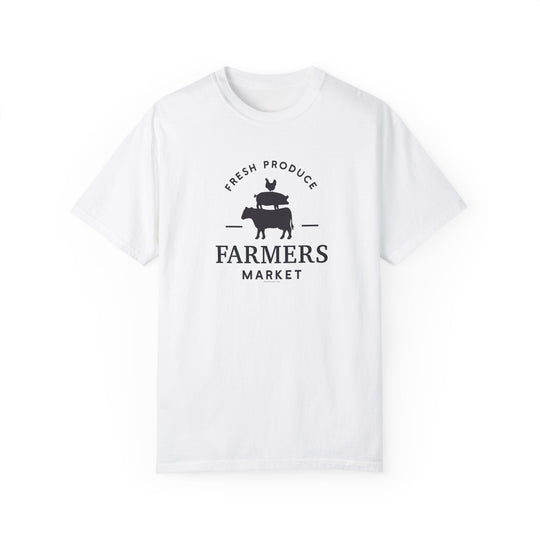 A relaxed-fit Farmers Market Tee in white, crafted from 100% ring-spun cotton. Garment-dyed for extra coziness with double-needle stitching for durability, ideal for daily wear.