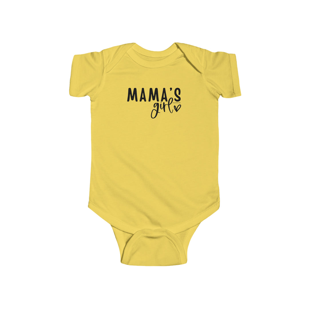A yellow baby bodysuit with black text, featuring Mama's Girl Onesie. Made of 100% cotton, light fabric, with ribbed knit bindings for durability and plastic snaps for easy changing access. Ideal for infants.
