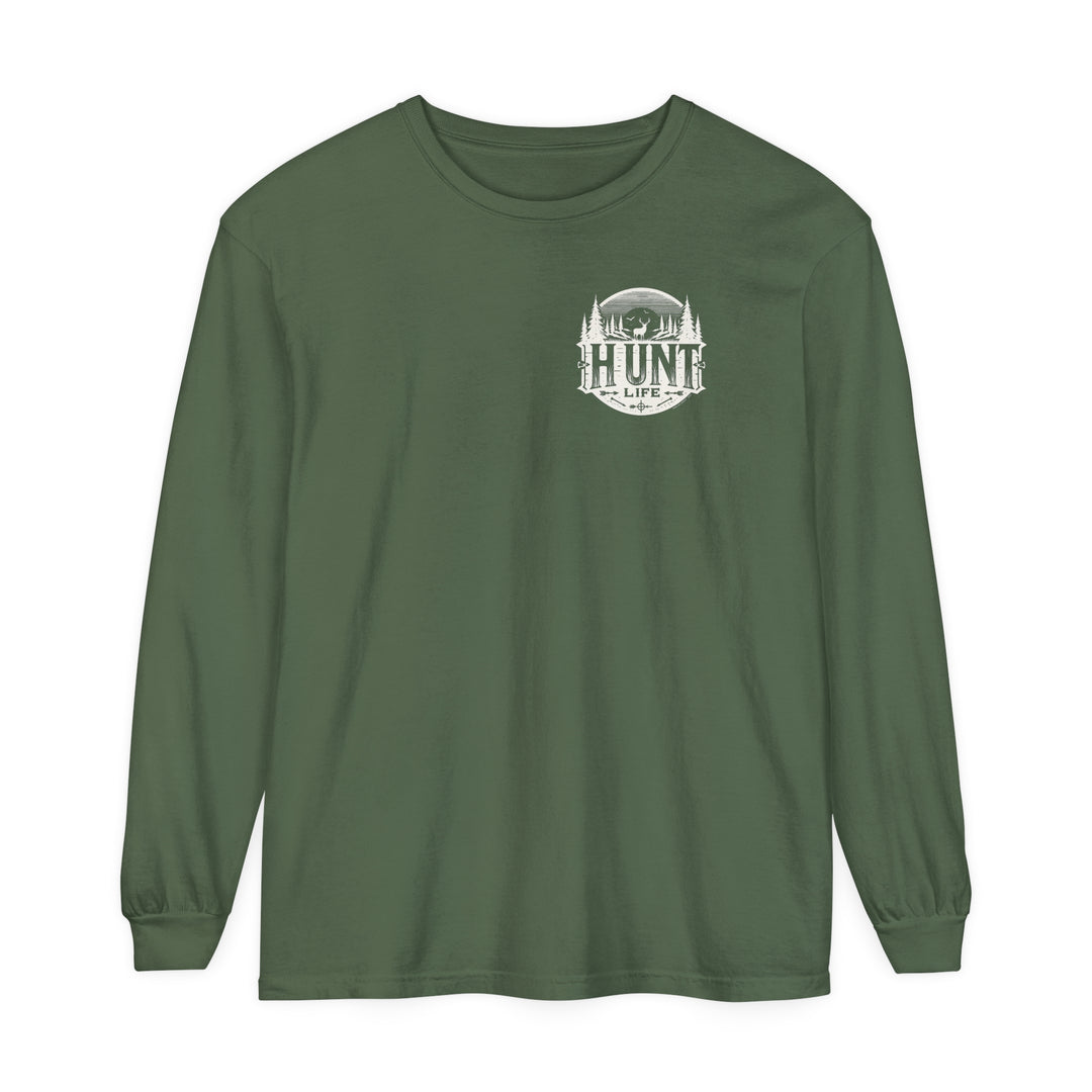 A classic Turkey Hunting Long Sleeve T-Shirt in green, featuring a deer and trees logo. Made of soft 100% ring-spun cotton with a relaxed fit for comfort. Ideal for casual wear.