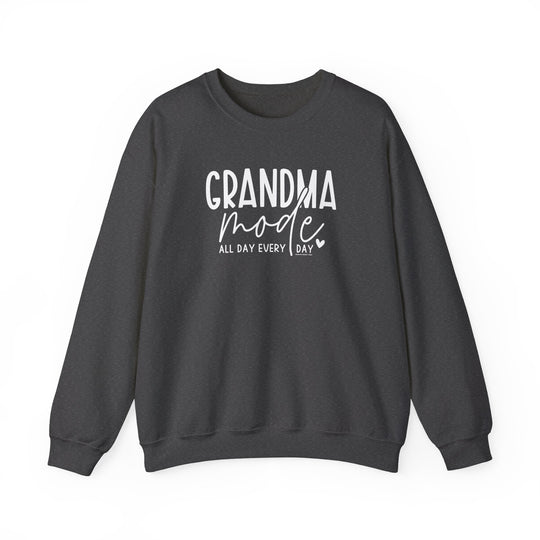 Unisex Grandma Mode Crew sweatshirt in grey with white text. Made of cotton and polyester blend, ribbed knit collar, no itchy side seams. Medium-heavy fabric, loose fit, true to size.