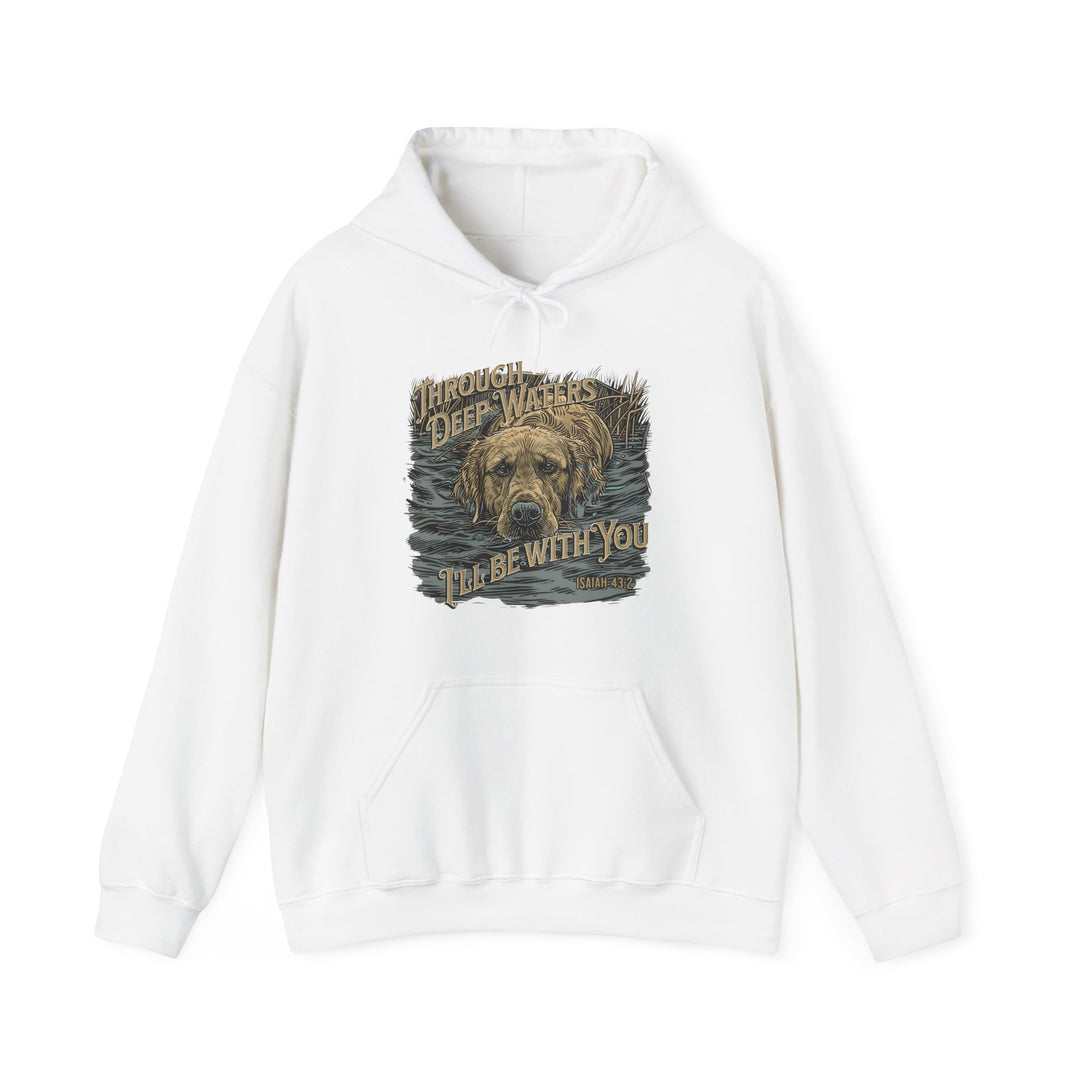 A white sweatshirt featuring a dog design, perfect for relaxation. Made of a cotton-polyester blend, with a kangaroo pocket and drawstring hood. Unisex sizing available from S to 5XL. From Worlds Worst Tees.