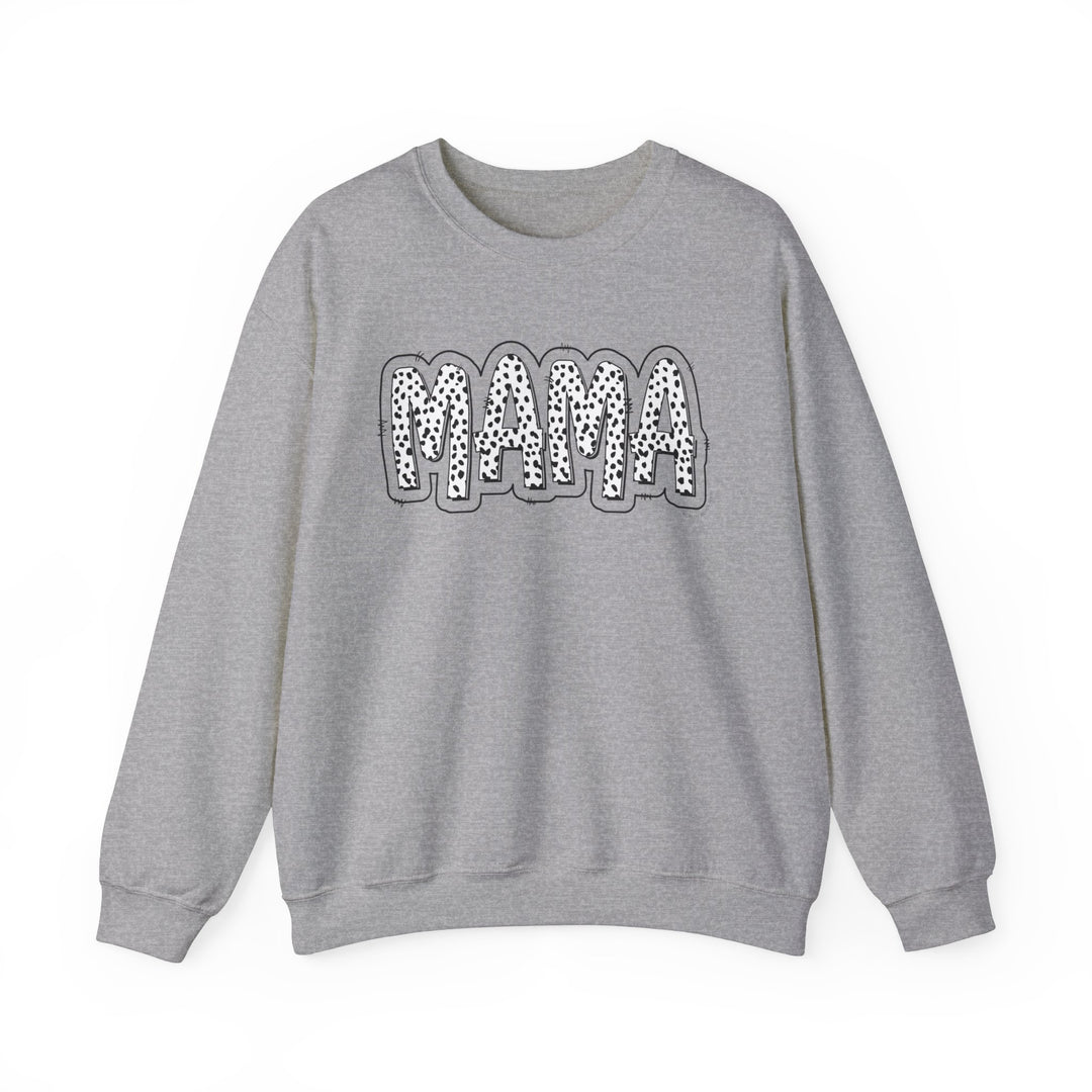 A Mama Print Crew unisex sweatshirt in grey with a black and white design. Made of 50% Cotton 50% Polyester, ribbed knit collar, and no itchy side seams. Comfortable and stylish.
