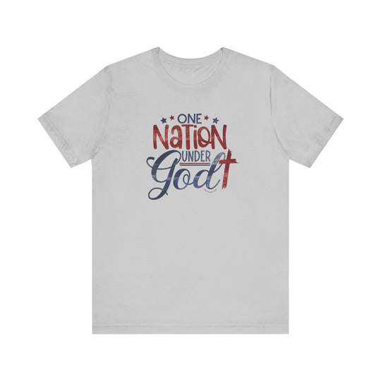 A unisex white tee with red and blue One Nation Under God text. 100% Airlume combed cotton, retail fit, tear away label, ribbed knit collars, and taping on shoulders for better fit.