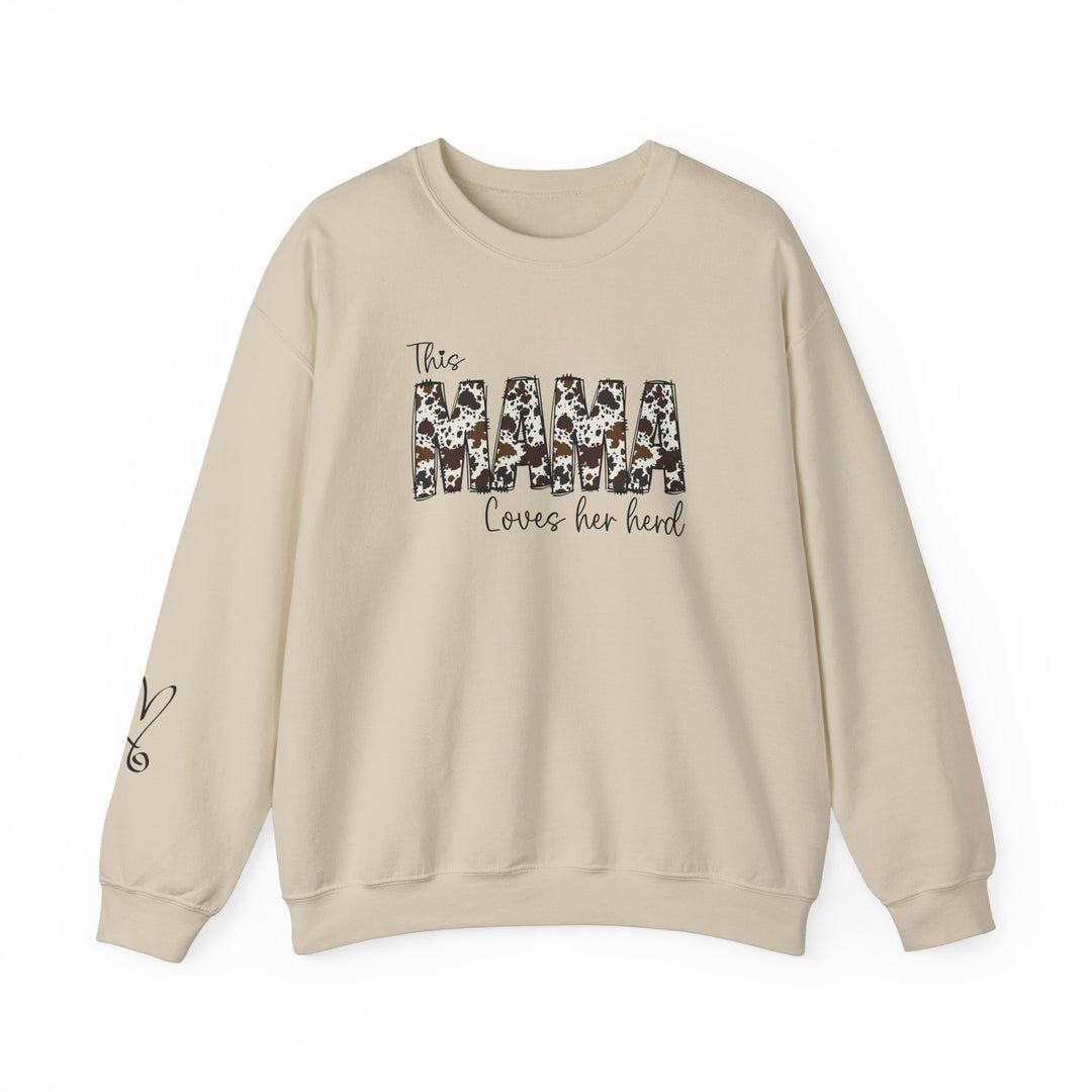 A white Mama Herd Crew unisex heavy blend crewneck sweatshirt with black text. Features ribbed knit collar, no itchy side seams, 50% cotton, 50% polyester, loose fit, medium-heavy fabric.