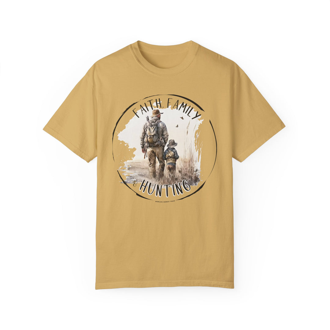 A Faith Family Hunting Tee featuring a man and child walking in a field on a garment-dyed, ring-spun cotton t-shirt. Relaxed fit, double-needle stitching, and seamless design for durability and comfort.