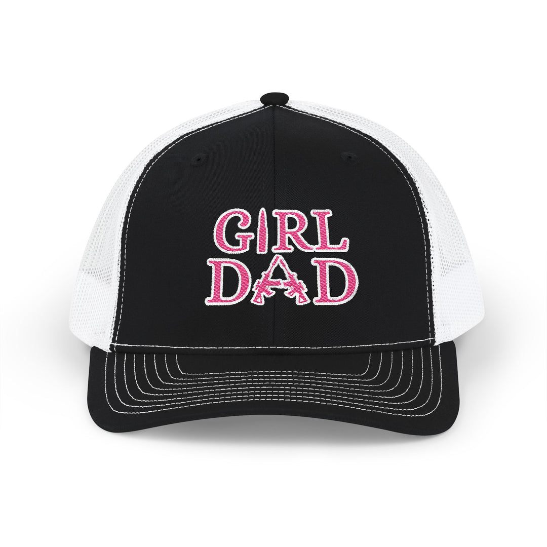 Girl Dad Snapback Trucker Cap (Embroidery) featuring a black and white design with pink text, mid-profile fit, and adjustable snap closure for personalized comfort.