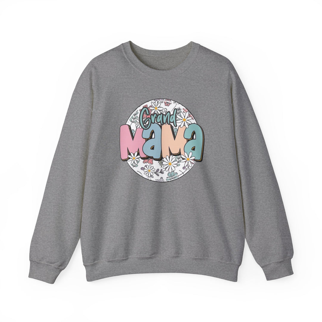 A grey crewneck sweatshirt featuring a graphic design of a cartoon character with a face and a pink letter with a white flower. Unisex heavy blend, 50% cotton, 50% polyester, loose fit, medium-heavy fabric. Ideal for comfort.