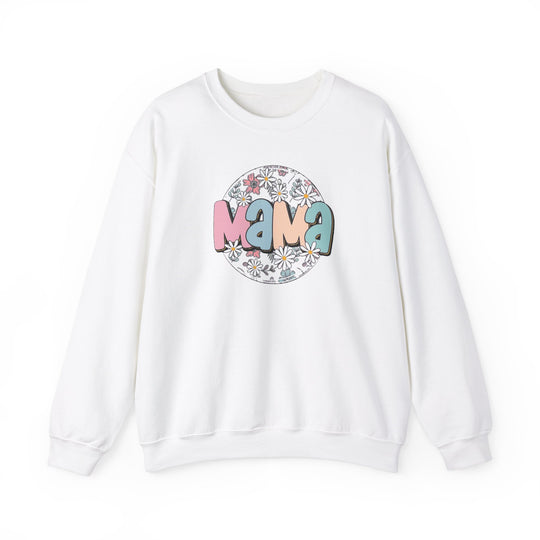 A white crewneck sweatshirt with a logo featuring flowers and letters, ideal for comfort in any situation. Unisex heavy blend, 50% cotton, 50% polyester, loose fit, ribbed knit collar, no itchy side seams. Sizes S-5XL.