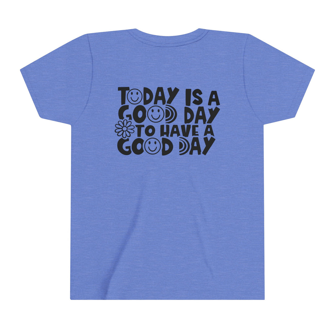 Youth short sleeve tee with a blue smiley face and black text. Lightweight, 100% Airlume combed cotton, perfect for custom artwork. Retail fit, tear away label, ideal for kids.