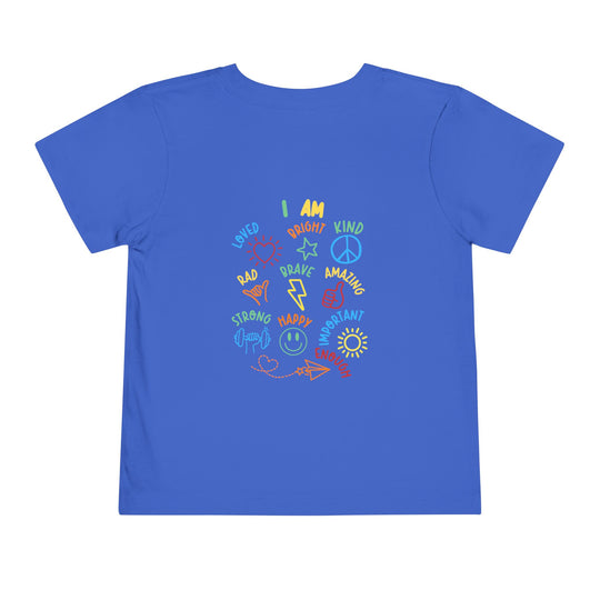 I AM Toddler Tee with multicolored affirmations and icons on a bright blue shirt, promoting positivity and confidence for kids.