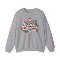 A grey crewneck sweatshirt with a She Loves Jesus and America graphic design. Unisex heavy blend, ribbed knit collar, no itchy side seams. Sizes S to 5XL. Ideal for comfort and style.