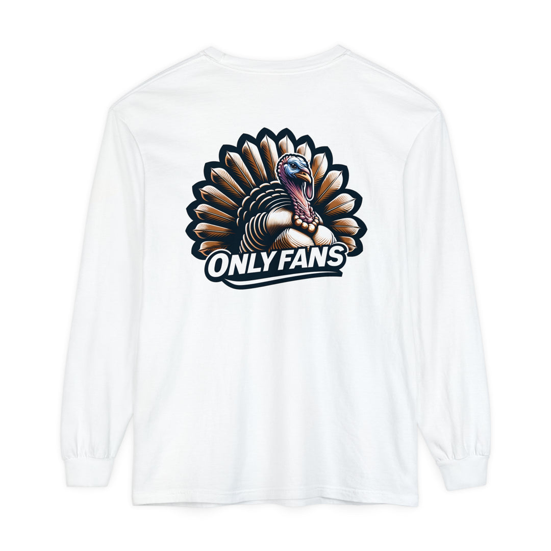 A white long-sleeve tee featuring a turkey design, perfect for casual wear. Made of 100% ring-spun cotton with a classic fit and garment-dyed fabric for comfort and style. From Worlds Worst Tees.