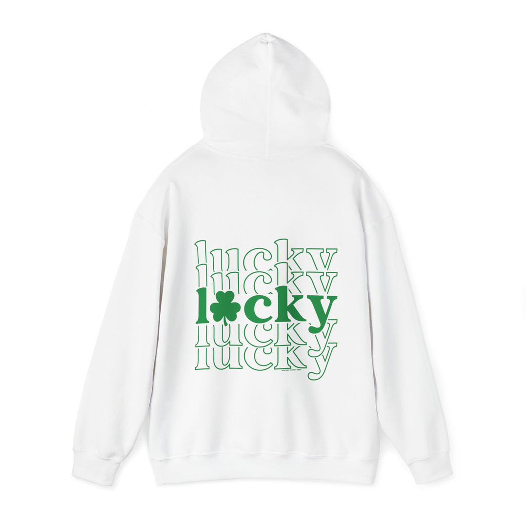 A white Lucky Lucky Lucky hoodie with green text, a kangaroo pocket, and matching drawstring. Unisex heavy blend for warmth and comfort. Perfect for chilly days.