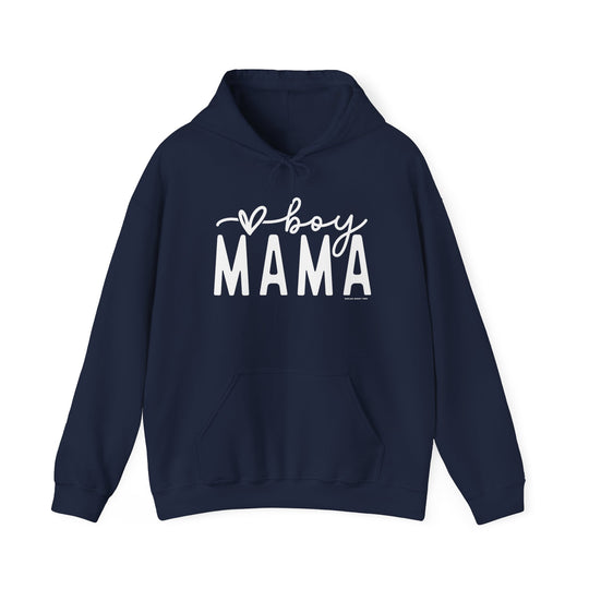 A blue unisex heavy blend hooded sweatshirt featuring white text, a kangaroo pocket, and a matching drawstring. Plush, warm, and stylish for cold days. From Worlds Worst Tees, the Boy Mama Hoodie.