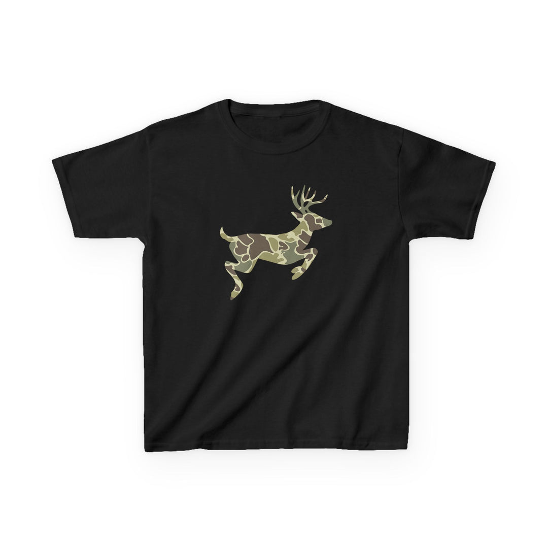 Camo Deer Kids Tee: Black T-shirt with a stylized camouflage-patterned deer silhouette, highlighting durability and comfort for everyday wear with ethically sourced cotton.