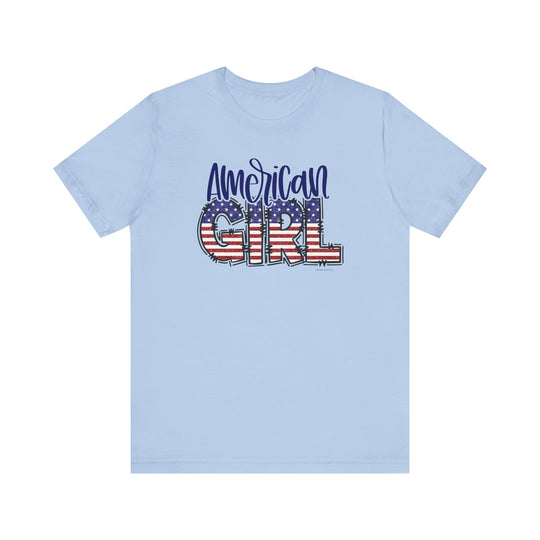 A classic American Girl Tee in blue with a text design. Unisex jersey tee made of 100% Airlume combed cotton. Retail fit, ribbed knit collar, tear away label. Sizes XS to 3XL.