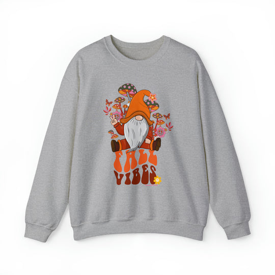 A cozy grey sweatshirt featuring a whimsical gnome design, embodying Fall Vibes Crew's comfort and style. Unisex heavy blend, ribbed knit collar, 50% cotton, 50% polyester, loose fit, and sewn-in label.