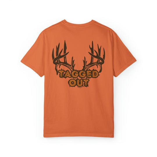 Unisex Tagged Out Tee: Back of orange shirt with text, logo detail. 80% ring-spun cotton, 20% polyester, relaxed fit, medium-heavy fabric. From Worlds Worst Tees.