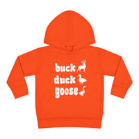 Buck, Duck, Goose, Toddler Hoodie featuring white animal silhouettes and text. Designed for comfort with jersey-lined hood and side-seam pockets. Sizes available: 2T, 4T, 5-6T.