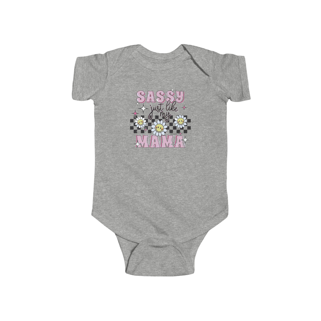 A durable, soft infant bodysuit featuring a sassy Sassy like my mama Onesie design. Made of 100% cotton, with ribbed knit bindings and plastic snaps for easy changing access. From Worlds Worst Tees.