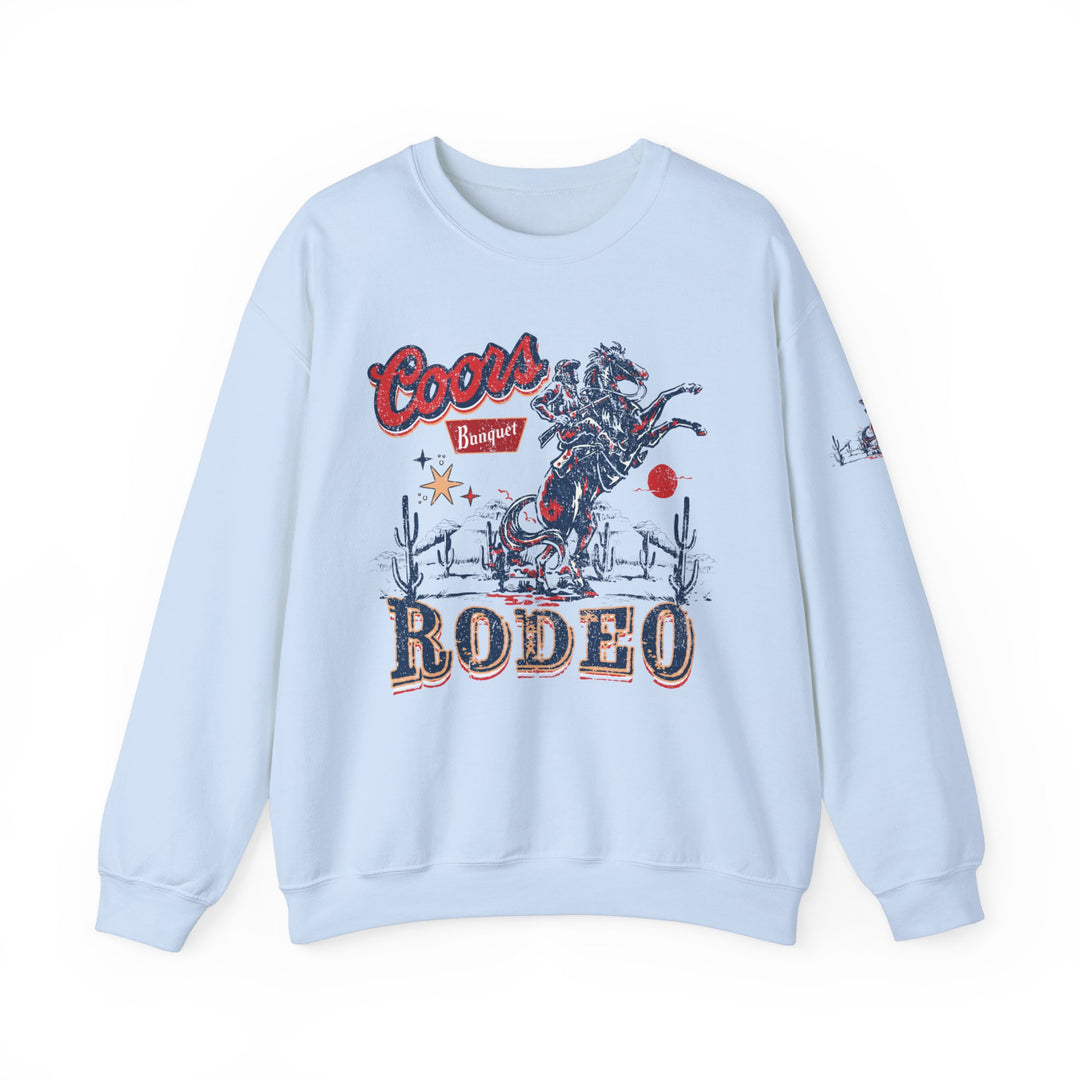 A heavy blend crewneck sweatshirt featuring the Coors Rodeo Crew design. Unisex, 50% Cotton 50% Polyester, ribbed knit collar, no itchy side seams. Medium-heavy fabric, loose fit, true to size.