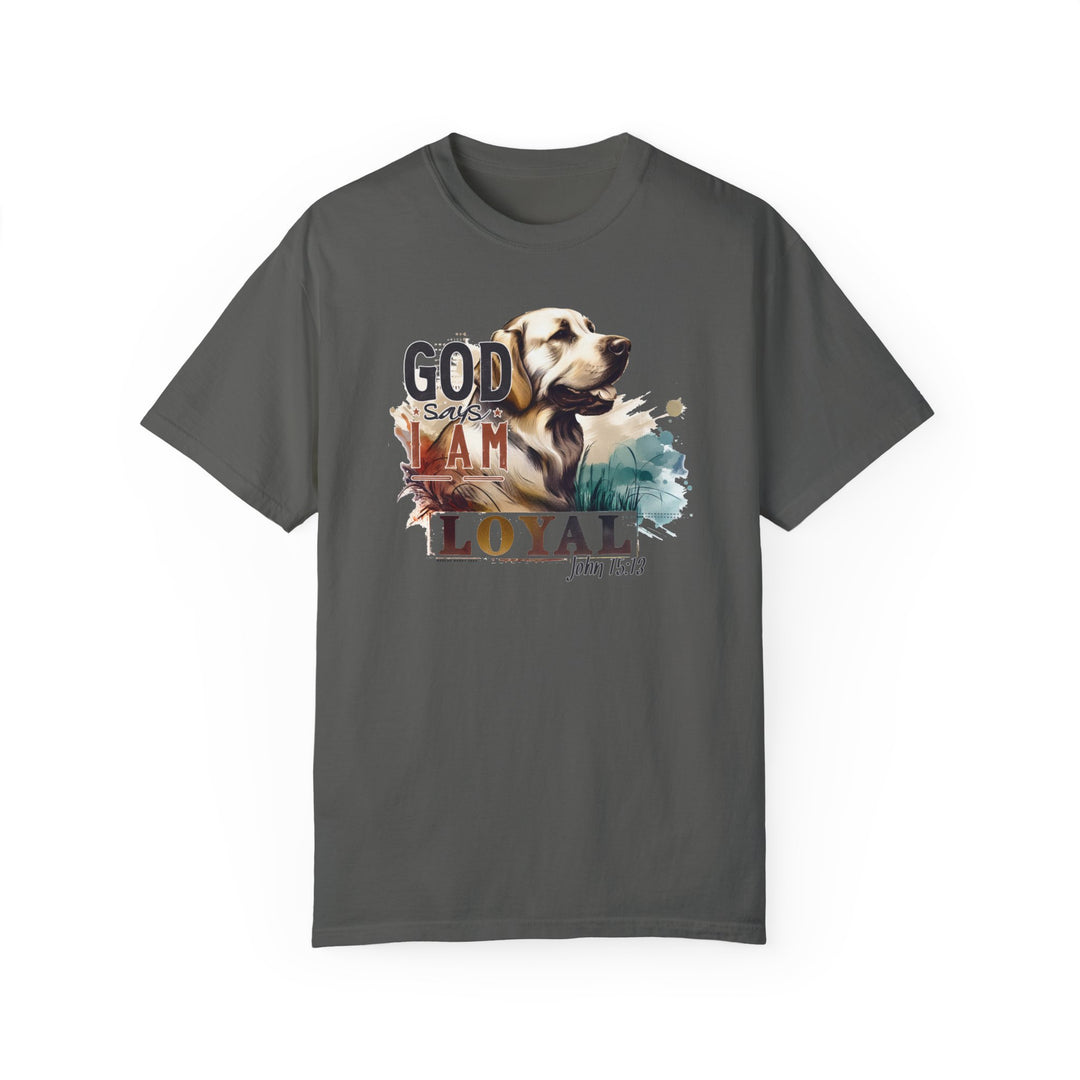 A grey Loyal Tee featuring a dog design on ring-spun cotton. Medium weight, relaxed fit with double-needle stitching for durability and tubular shape. Ideal for daily wear.