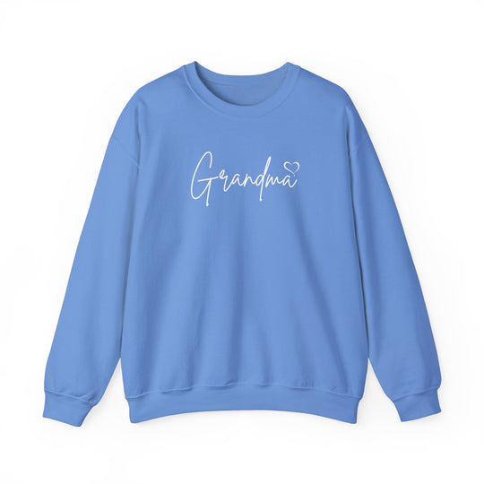 A Grandma Love Crew unisex sweatshirt in blue with white text. Made of 50% cotton, 50% polyester, ribbed knit collar, and no itchy side seams. Medium-heavy fabric, loose fit, true to size.