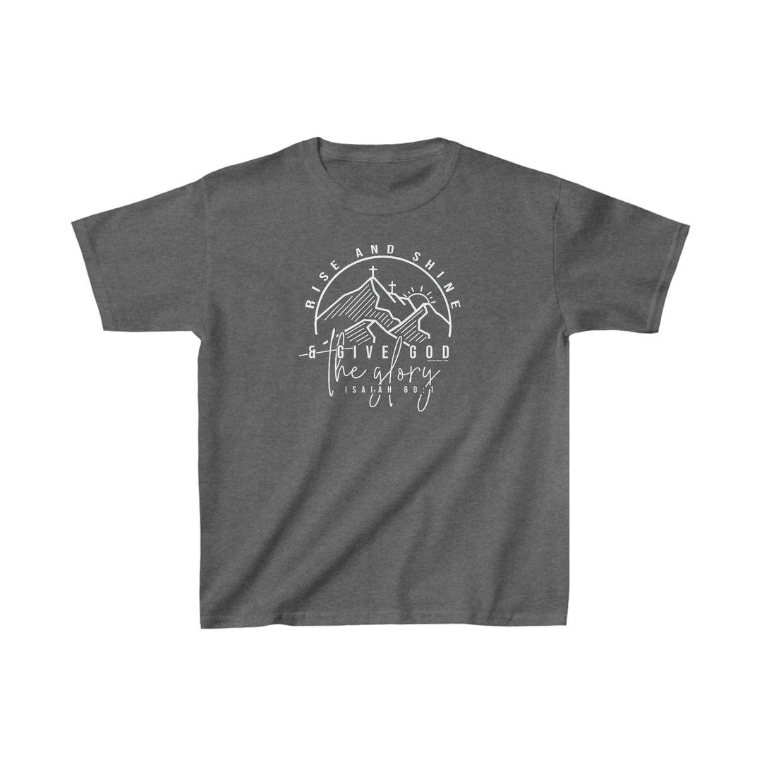 Kids Rise and Shine Tee: Grey t-shirt with white text, logo of a cross and mountains. 100% cotton, light fabric, classic fit, tear-away label. Sizes XS to XL. Ideal for everyday wear.