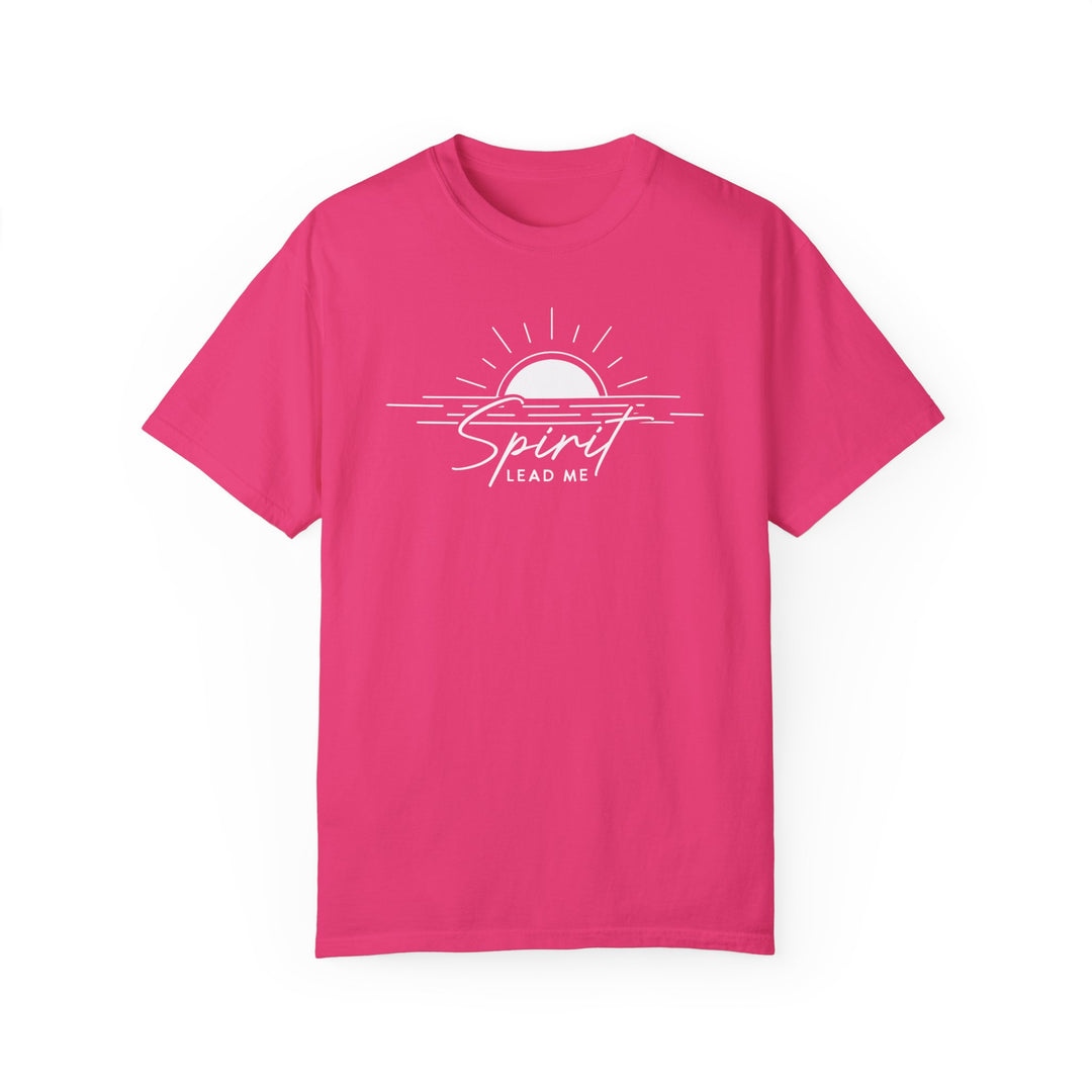 A Spirit Lead Me Tee, a pink shirt with white text, made of 100% ring-spun cotton. Garment-dyed for extra coziness, featuring a relaxed fit and durable double-needle stitching. Ideal for daily wear.