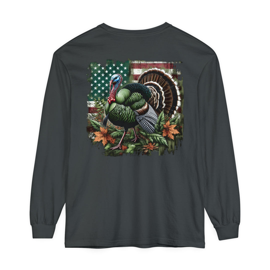 A grey long-sleeve Turkey Hunting T-shirt in ring-spun cotton. Garment-dyed fabric, relaxed fit, and classic style. Perfect for casual comfort and outdoor enthusiasts.