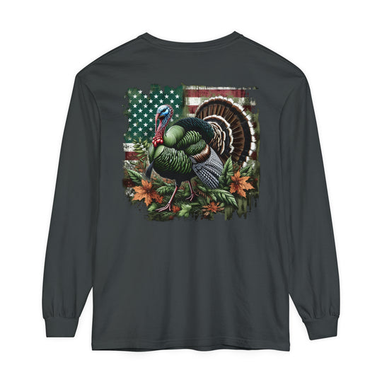 A grey long-sleeve Turkey Hunting T-shirt in ring-spun cotton. Garment-dyed fabric, relaxed fit, and classic style. Perfect for casual comfort and outdoor enthusiasts.