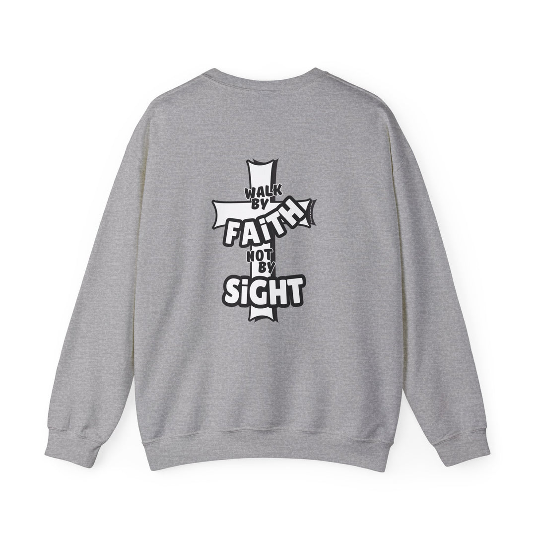 A grey sweatshirt with a cross and text, ideal for comfort in any situation. Unisex heavy blend crewneck featuring ribbed knit collar, no itchy side seams, and a loose fit. Walk By Faith Not By Sight Crew.