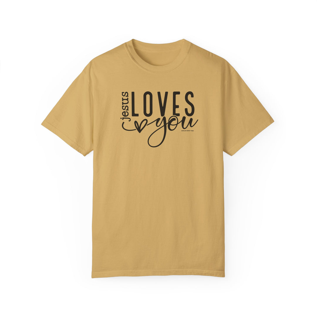 Relaxed fit Jesus Loves You Tee in 100% ring-spun cotton. Garment-dyed for coziness, double-needle stitching for durability, and side-seam free for shape retention. From Worlds Worst Tees.
