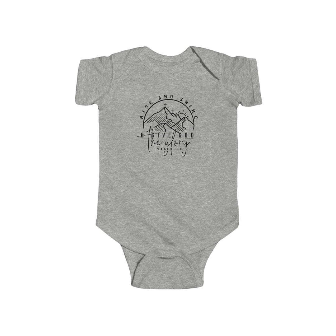 A grey baby bodysuit featuring a graphic design of a cross and mountains. Made of 100% combed ringspun cotton, light fabric, with ribbed knitting for durability and plastic snaps for easy changing access. From Worlds Worst Tees' Rise and Shine Onesie collection.