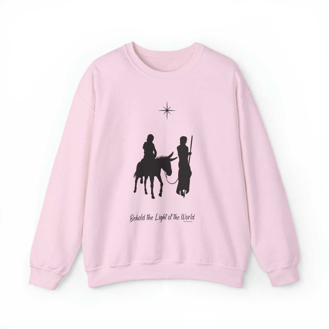 Unisex pink crewneck sweatshirt featuring a striking print of two men on horseback. Comfortable blend of polyester and cotton, ribbed collar, and no itchy seams. Available in various sizes.