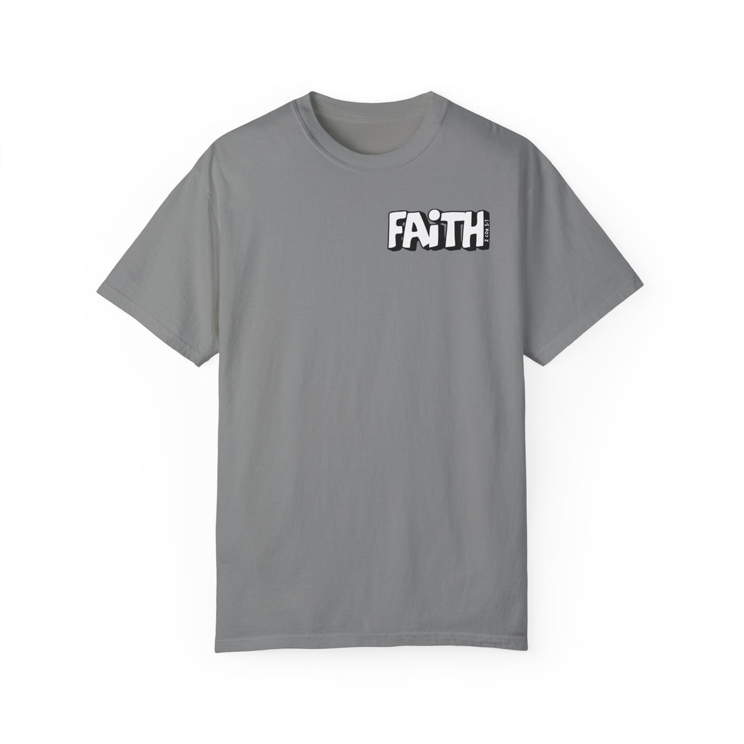 Walk By Faith Not By Sight Tee: Grey t-shirt with white text, 100% ring-spun cotton, medium weight, relaxed fit, durable double-needle stitching, seamless design for tubular shape.