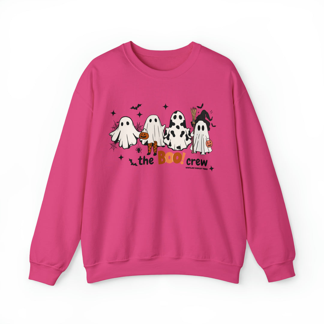 Unisex Boo Crew Crew pink sweatshirt with ghost designs. Heavy blend fabric, ribbed knit collar, no itchy side seams. 50% cotton, 50% polyester, loose fit, sewn-in label. Ideal for comfort.