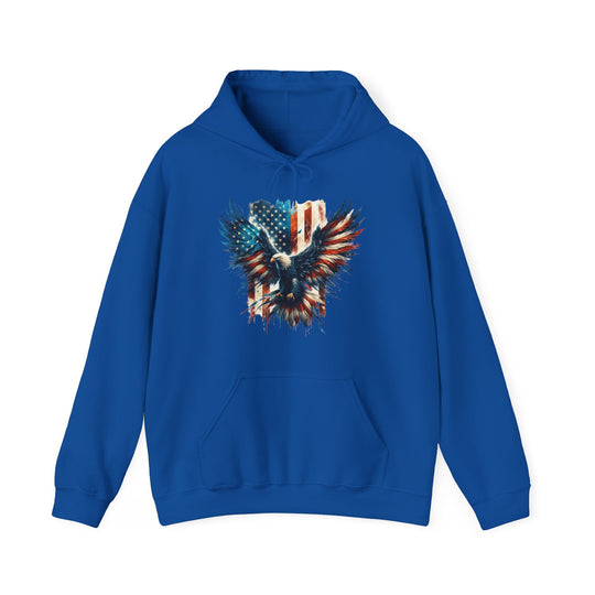 A blue American Eagle Hoodie, featuring an eagle and flag design. Unisex heavy blend sweatshirt with kangaroo pocket, cotton-polyester fabric, and classic fit. Ideal for warmth and comfort. From 'Worlds Worst Tees'.