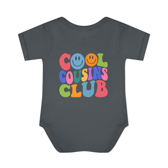 Infant bodysuit, Cool Cousins Club, with lap shoulders, crafted from soft, ring-spun cotton, showcasing a unisex fit. Ideal for comfort and easy dressing.