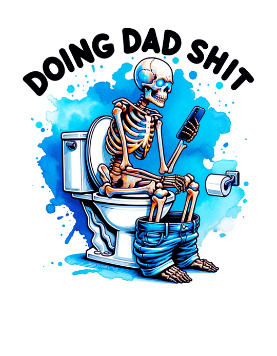 A relaxed fit, garment-dyed tee featuring a skeleton on a toilet holding a phone. Made of 100% ring-spun cotton for coziness. Durable with double-needle stitching and tubular shape. From Worlds Worst Tees.