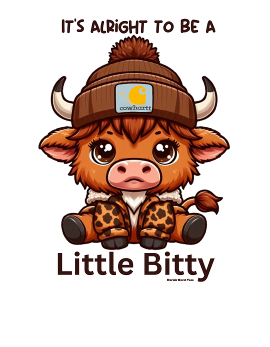 A cartoon cow wearing a hat featured on a Little Bitty Onesie at Worlds Worst Tees. Infant fine jersey bodysuit made of 100% cotton, with ribbed knitting for durability and plastic snaps for easy changing.