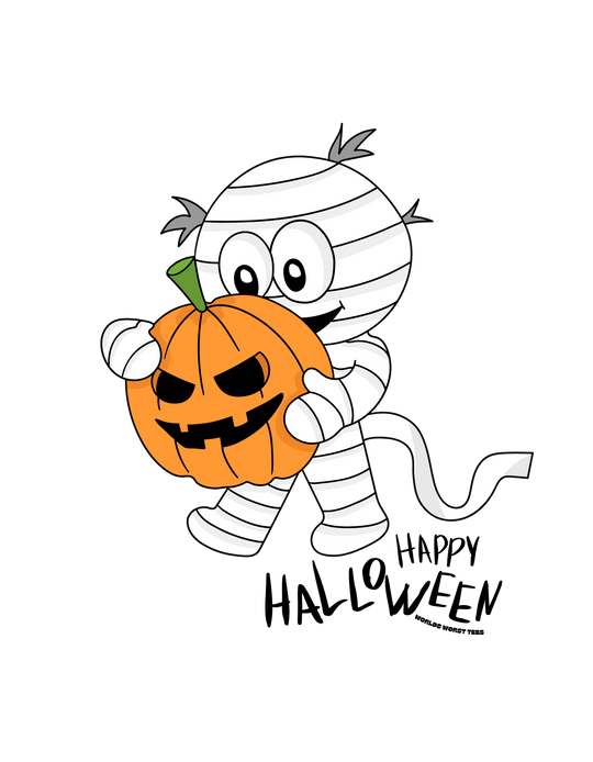 A cartoon mummy holds a pumpkin on a long-sleeved baby onesie. Features plastic snaps for easy changing and ribbed bindings for durability. From Worlds Worst Tees.