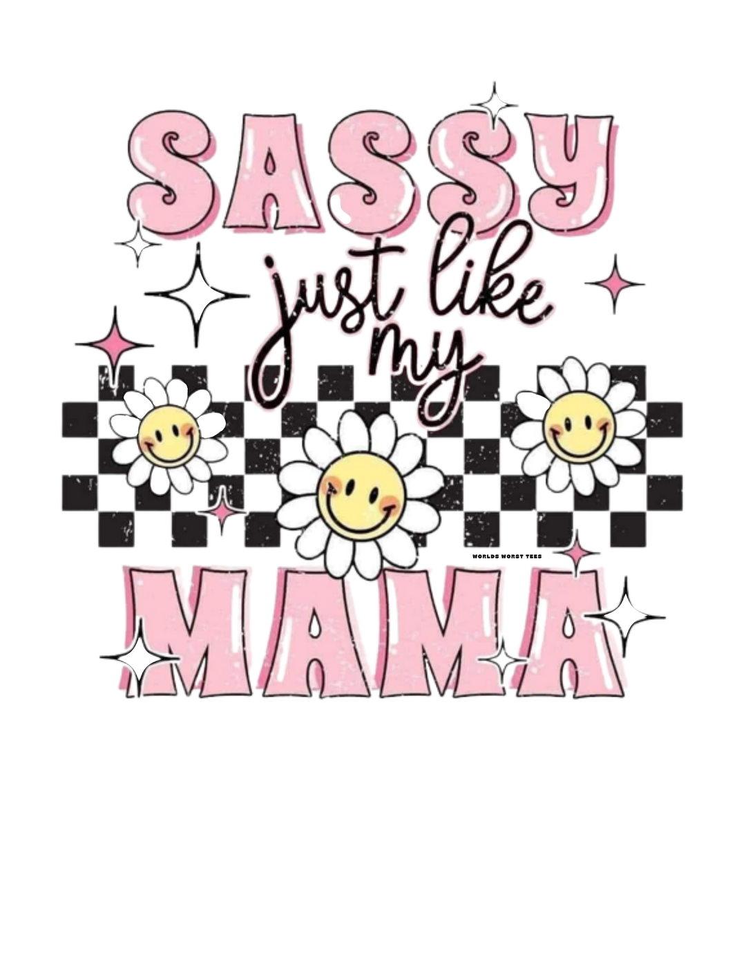 Sassy Just Like My Mama Toddler Tee featuring playful flower graphics and bold text. 100% cotton, heavy fabric for all-day comfort. Classic fit in various sizes.